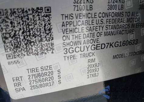 2019 Chevrolet Silverado 1500 Ltz из США, поврежденный, VIN 3GCUYGED7KG160633